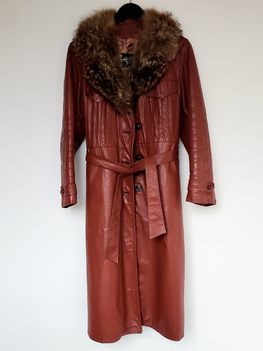 Vintage Winnipeg Leather Trench with Raccoon Fur Trim