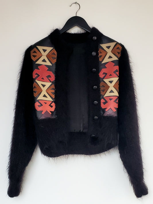 Black Mohair Sweater Jacket with Aztec Inspired Leather & Suede Patchwork (M)