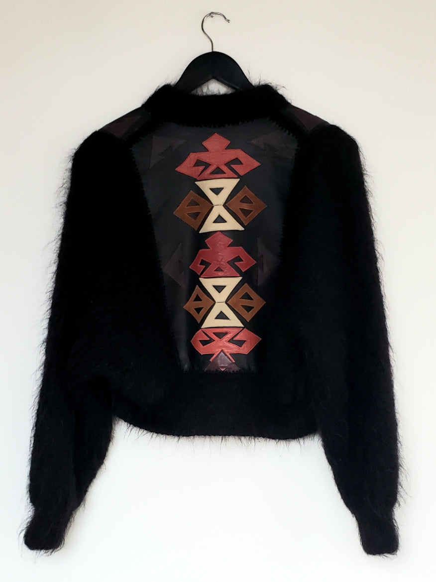 Black Mohair Sweater Jacket with Aztec Inspired Leather & Suede Patchwork (M)
