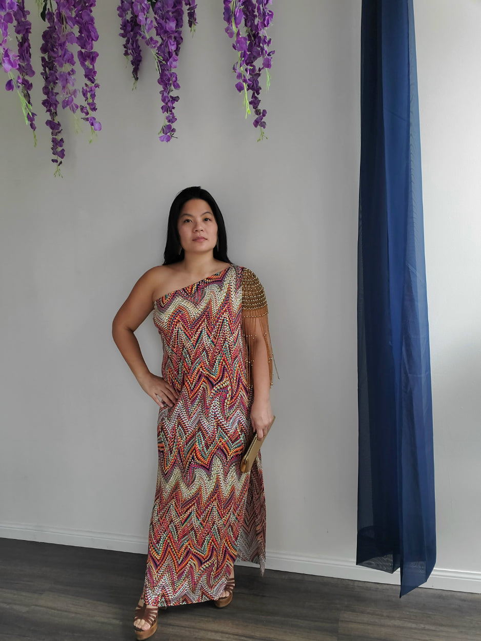 CM Multicoloured Long Dress with Gold Beaded Shoulder (M/L/XL) - 1of1