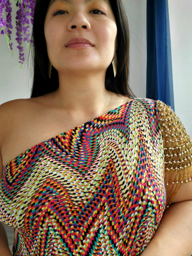 CM Multicoloured Long Dress with Gold Beaded Shoulder (M/L/XL) - 1of1