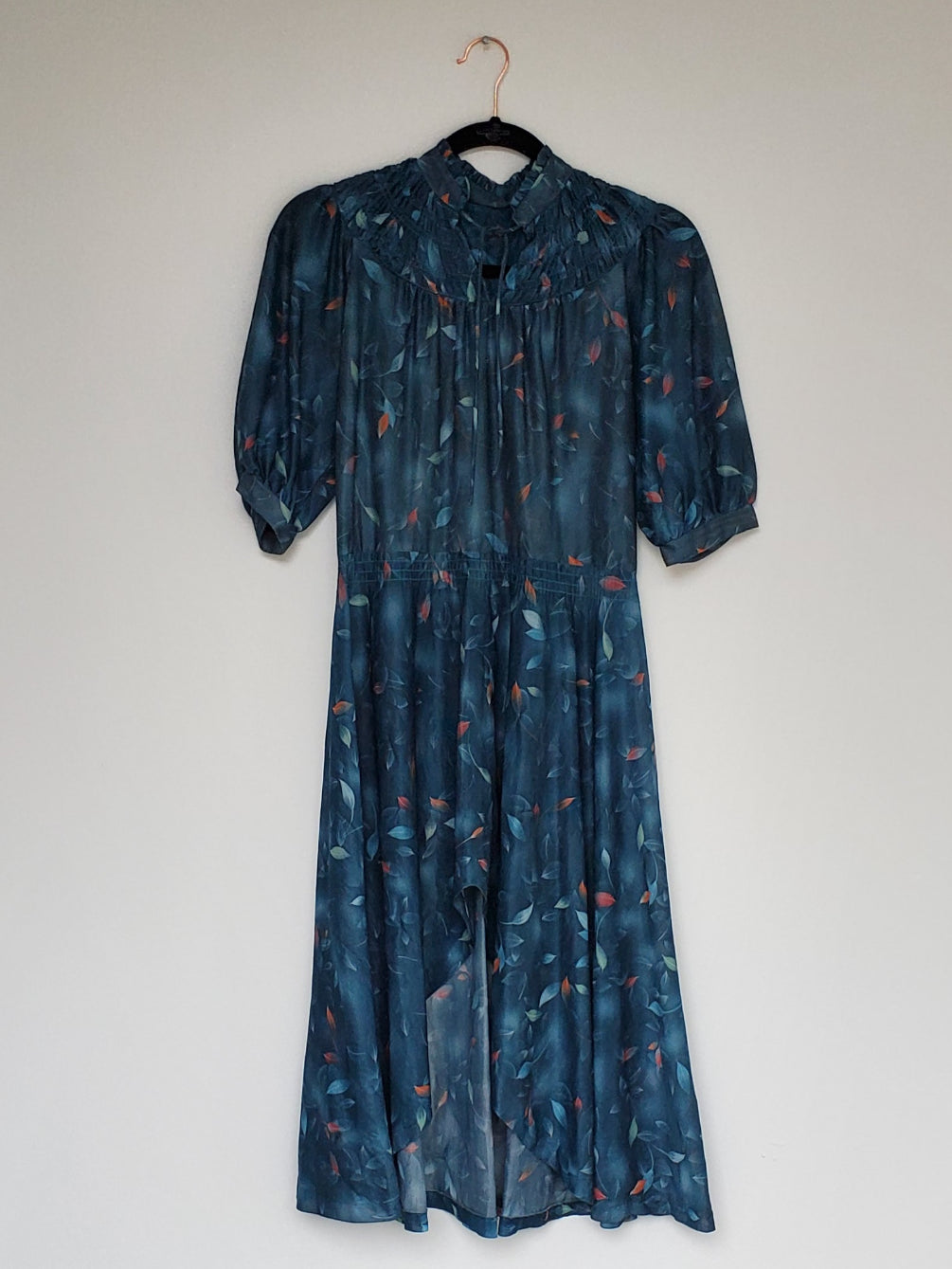 Vintage Dark Turquoise Floral Sheer Dress with Full Sleeves