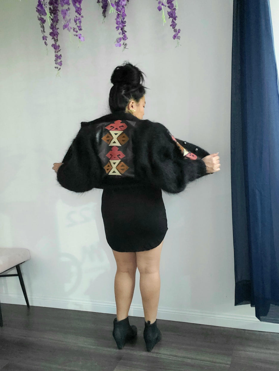Black Mohair Sweater Jacket with Aztec Inspired Leather & Suede Patchwork