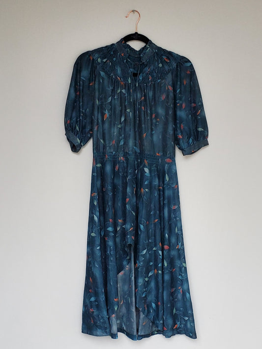 Vintage Dark Turquoise Floral Sheer Dress with Full Sleeves, Gathered Neck, and Hi-Low Hem