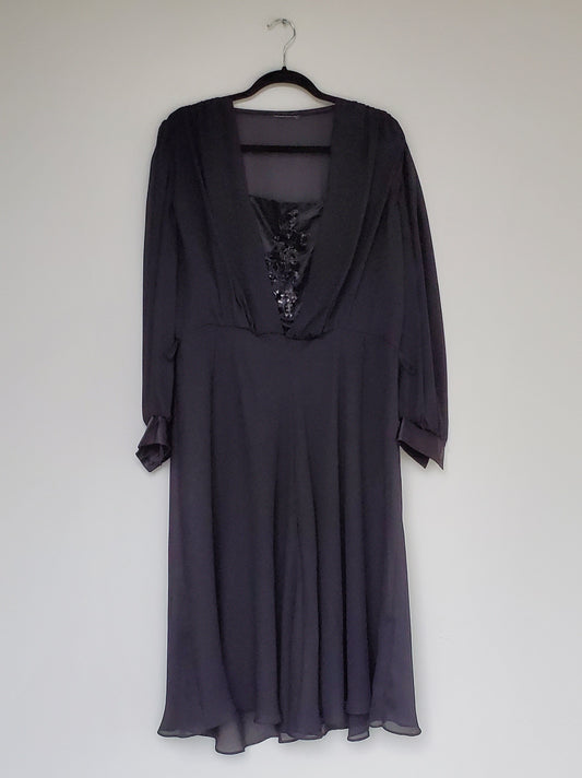 Vintage Black Sheer Woven Jumpsuit with Sequined Bust and Satin Cuffed Sleeves
