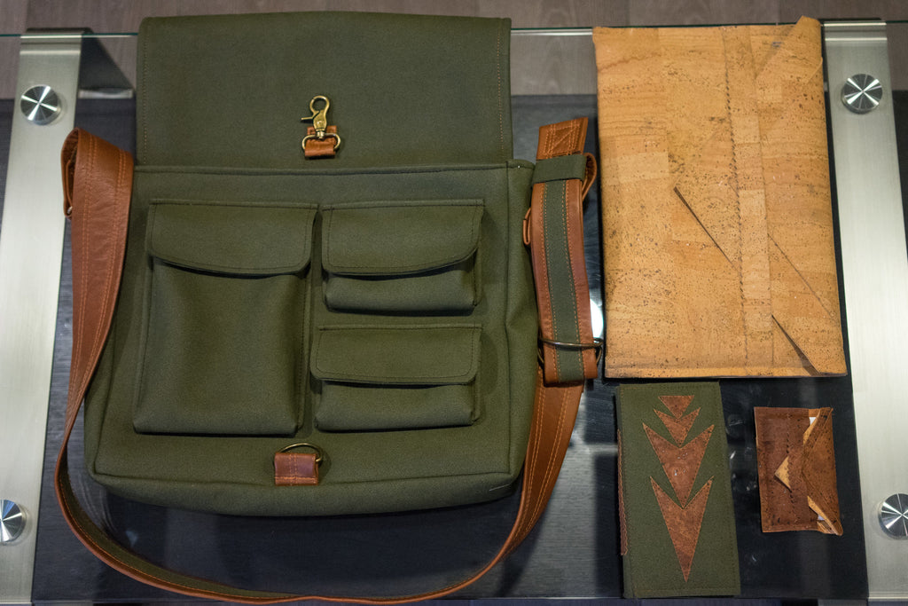 Army Green Microsuede Messenger with Matching Wallet & Cork Tablet Holder with Matching Business Card Holder