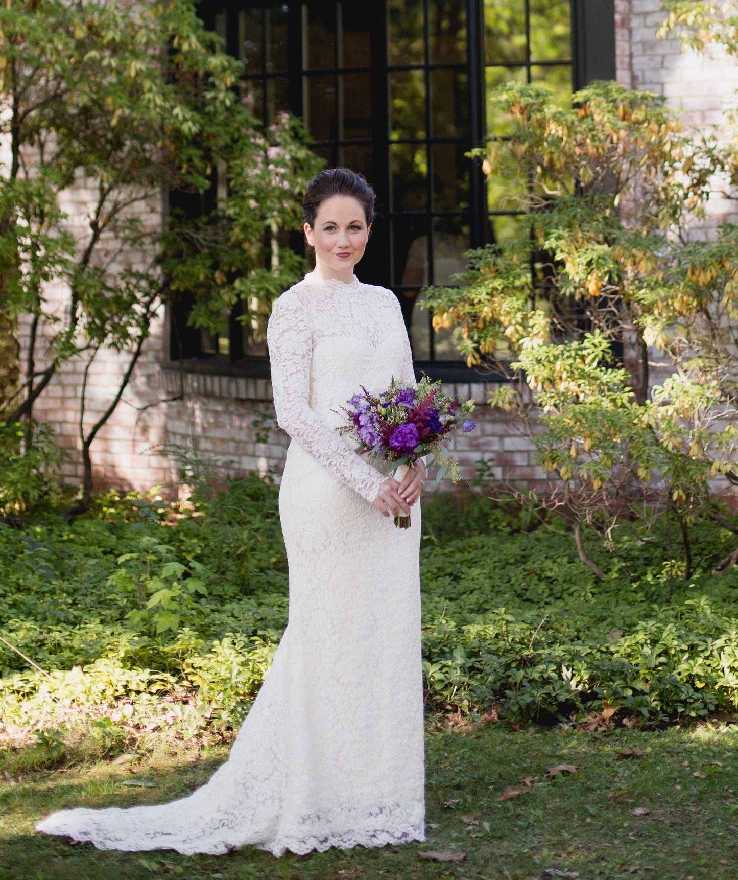 High Neck, Long Sleeved, Open Backed, Corded Lace Wedding Dress with Train